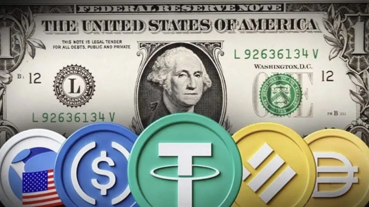 Ilustrasi stablecoin di depan uang dolar Amerika Serikat.